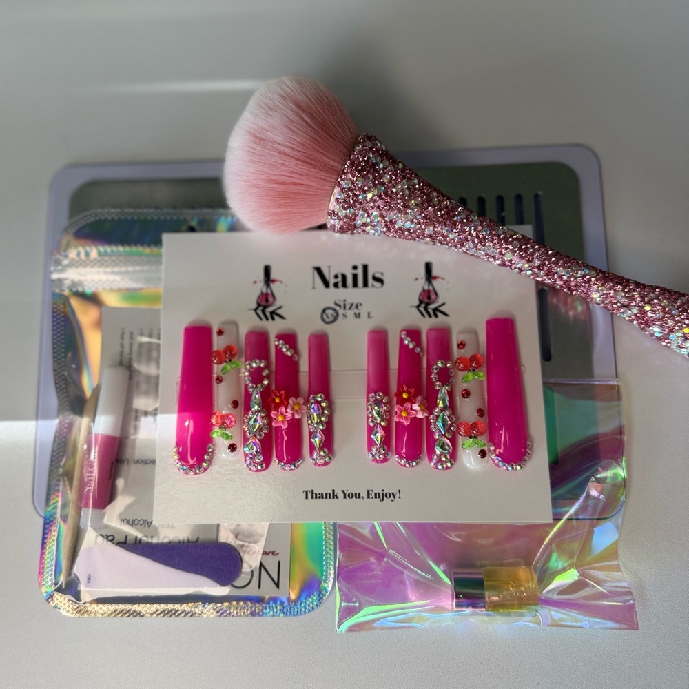 Hot Pink Cherries | Custom Press On Nails | High Quality Nails | Hand made